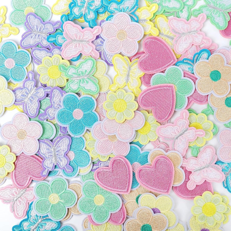 NICEVINYL Iron on Embroidery Patches Flower for Clothing: 100PCS Pastel Butterfly Heart Embroidered Patches - Cute Sew on Small Applique Patches for Fabric Jackets Jeans - Image 2